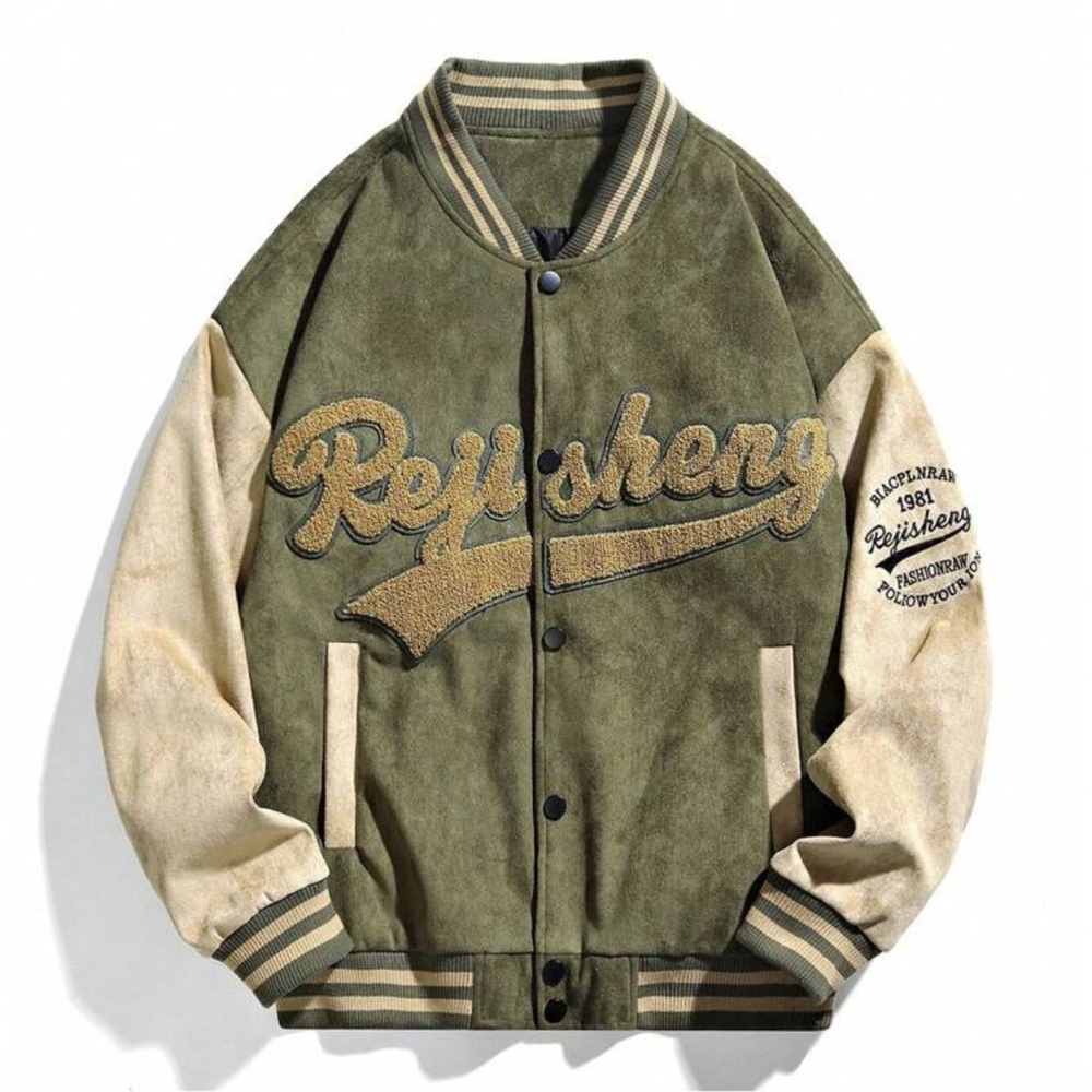 Olive Green and Cream Varsity Jacket with Retro Script